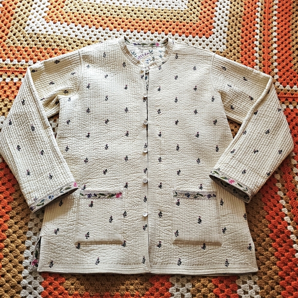 Vintage Reversible Quilted Floral Cream Off-White Light Asian Tang Style Jacket - Picture 10 of 16